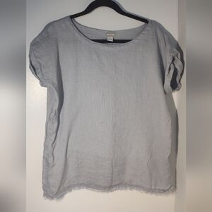 Women Magaschoni Tunic Top Light Blue Short Sleeve 100% Linen Raw Hem Size S#553